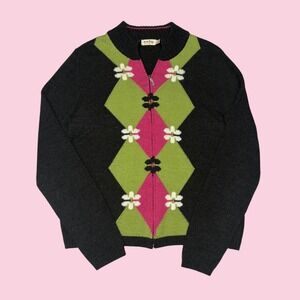 Saky Made in Italy Argyle Floral Zip Up Cardigan Sweater Black Green Pink Large